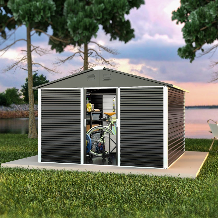 Large-sized Outdoor 10 Ft. W X 10 Ft. D Metal Shed With Sliding Door 60 Sq. Ft. For Garden Patio Lawn, Black