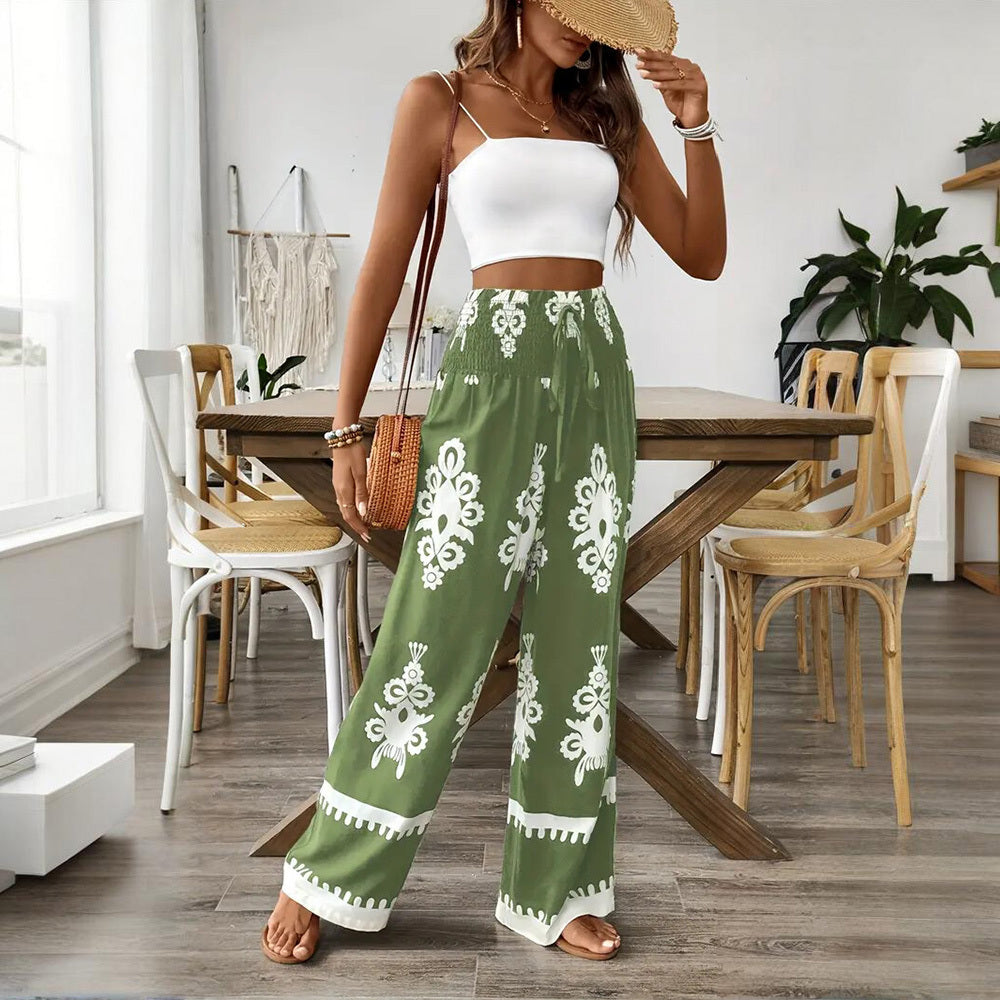 Elegant Women's High-Waisted Wide-Leg Pants With White Geometric Print Fashionable & Casual Summer Trousers