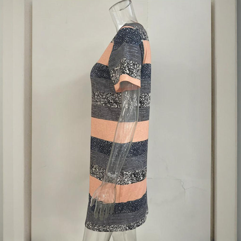 Women's V-Neck Slim Fit Striped Short Sleeve Dress - Casual Summer Bodycon Mini Dress