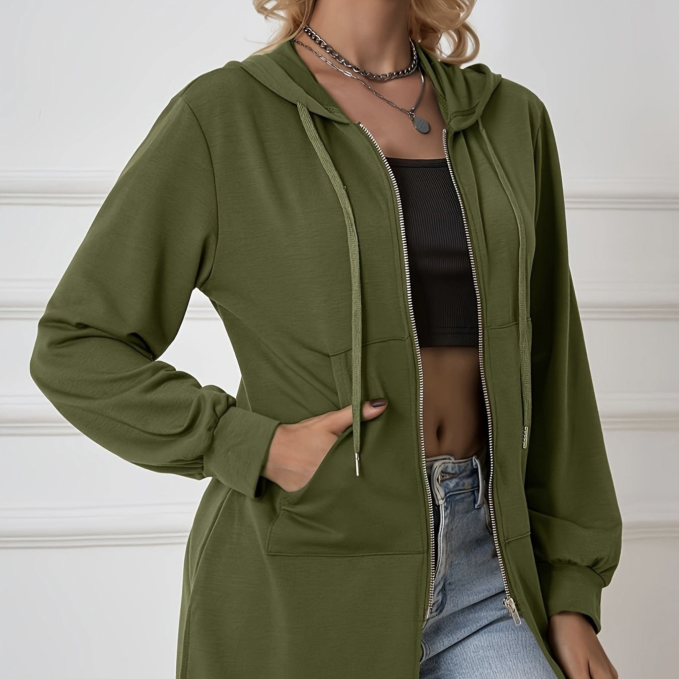 Women's Military Green Casual Sports Hooded Sweatshirt With Drawstring Zipper Jacket, Lightweight Top