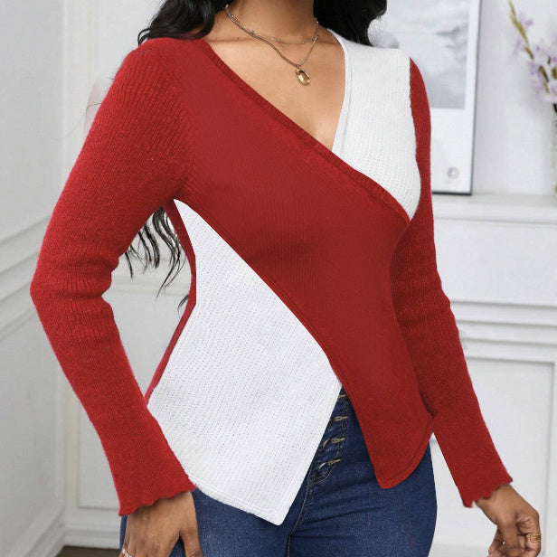 Ladies' Contrasting Cross Hem V-neck Slim Fit Long Sleeved Autumnwinter T-shirt Top