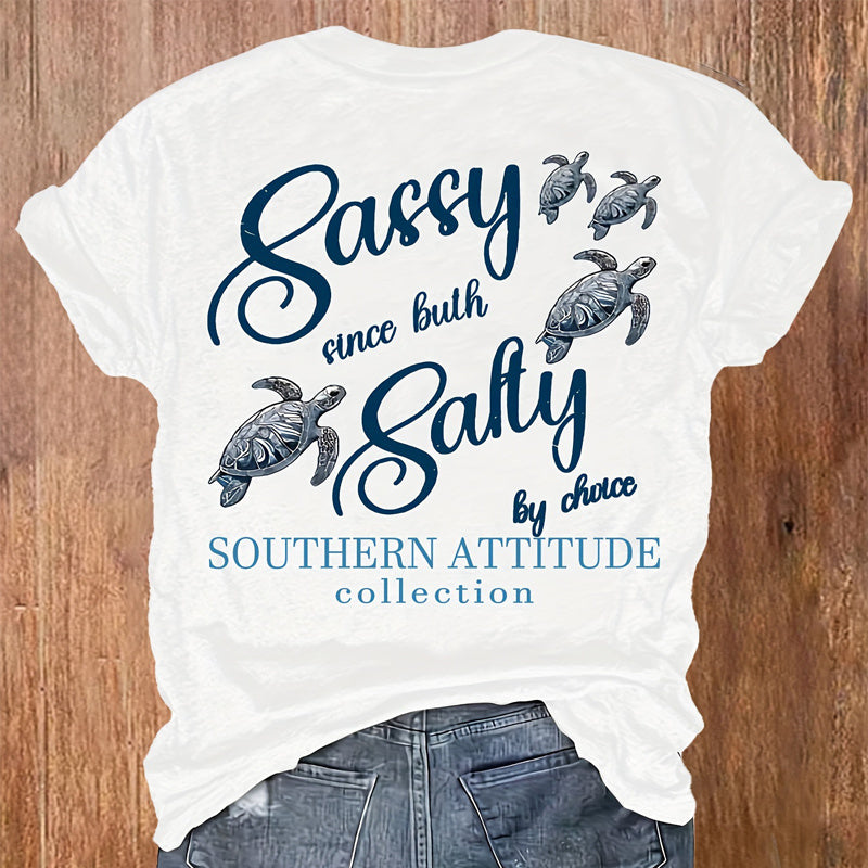 Women's Round Neck Turtle & Slogan Graphic Tee - Playful Summer Essential