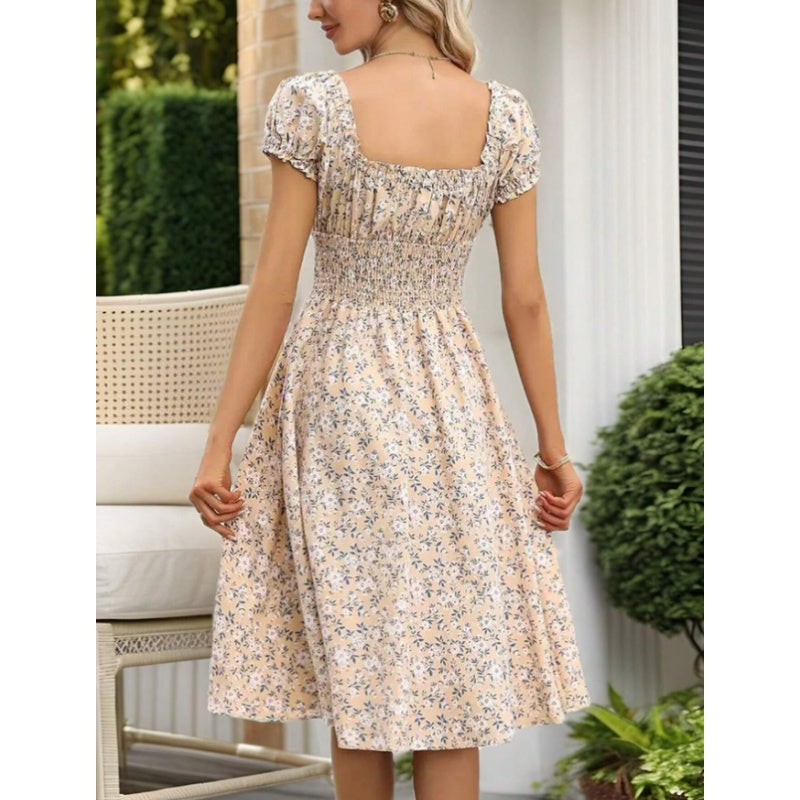 Women's Floral Summer Dress Casual Short Sleeve Ruffle Flowy Midi Sundress Boho Beach Vacation Dress