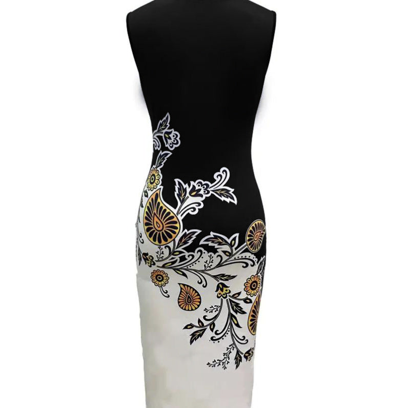 Ladies' Professional Decoration Body V-neck Long Skirt Sleeveless Printed Dress