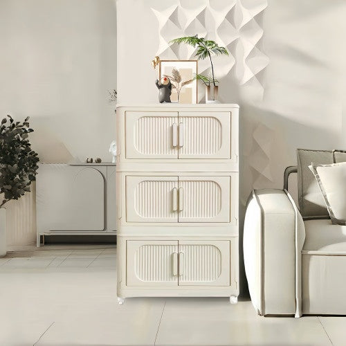 Cream White 19.69 Side Wide Folding Storage Cabinet ,3 Tiers,19.69x11.81x31.1,Collapsible Storage Bins With Magnetic Door, Plastic Storage Cabinet With Wheels
