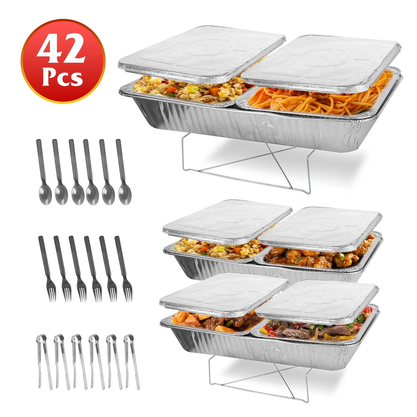 42Pcs Serve 6 Guests Disposable Chafing Dish Buffet Set Chafing Servers With Covers Spoons Forks Tongs Full-Size Pans Food Warmers For Parties Events Catering Supplies With Utensils And Lids