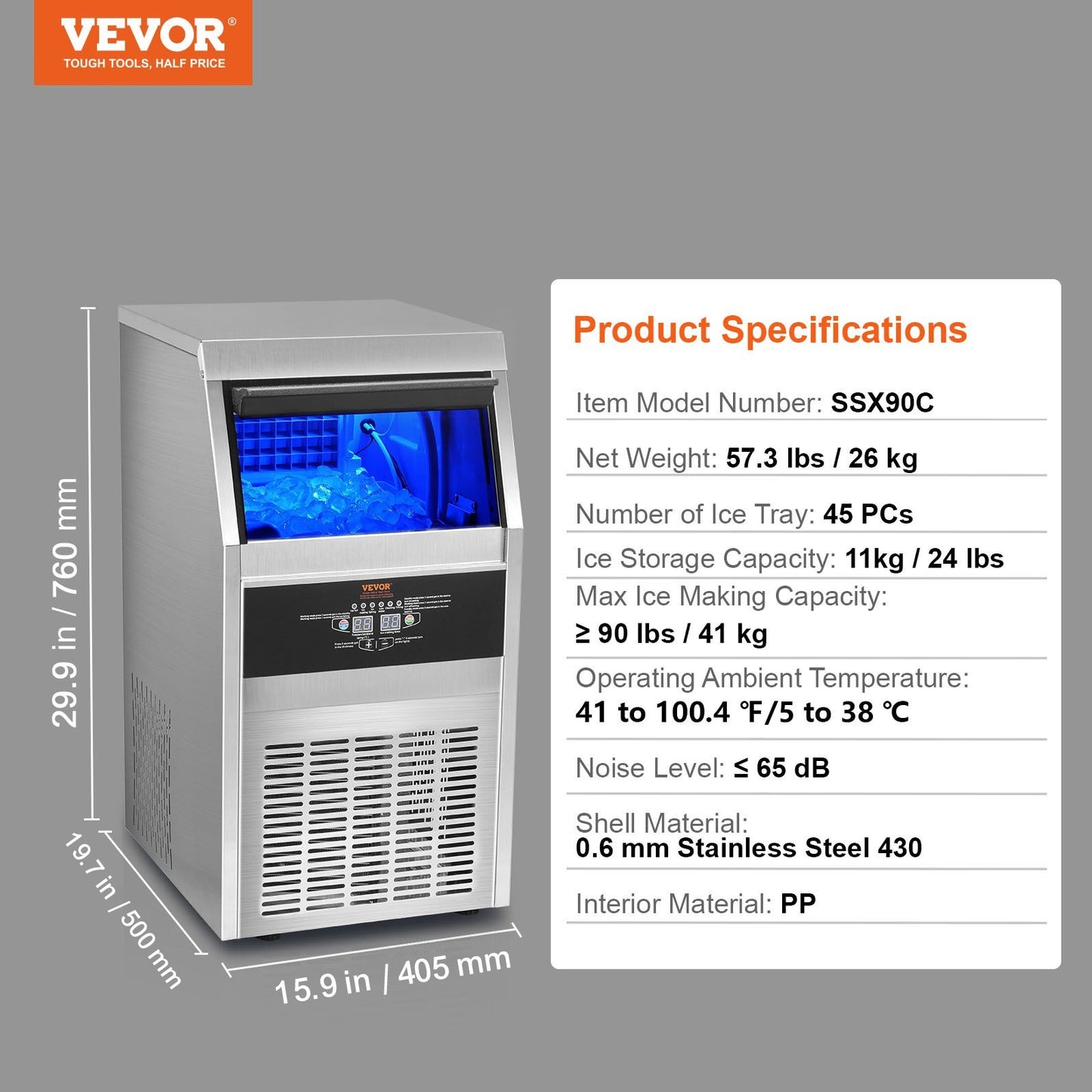 VEVOR 110V Commercial Ice Maker Machine 90LBS 24H With 24LBS Bin, Stainless Steel Automatic Operation Under Counter Ice Machine For Home Bar, Include Water Filter, Scoop, Connection Hose