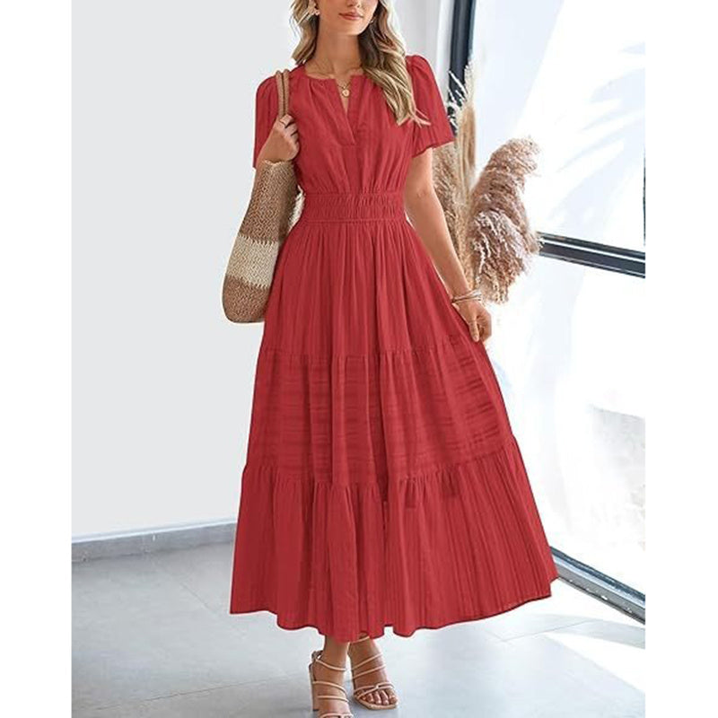 Women's Summer Short Sleeve V Neck Swing Dress Flowy Pleated Tiered Maxi Beach Sundress With Pockets