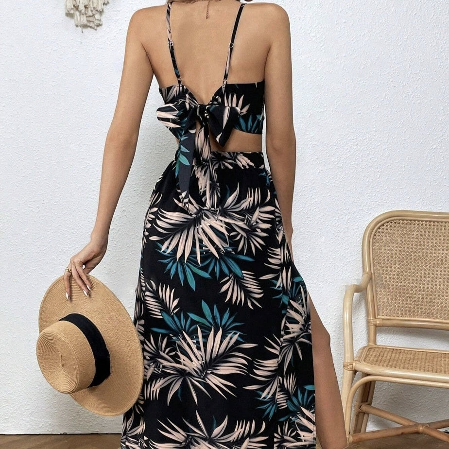 Women's V-neck Camisole Back Strap Top With Elastic Waistband And Half Skirt Set