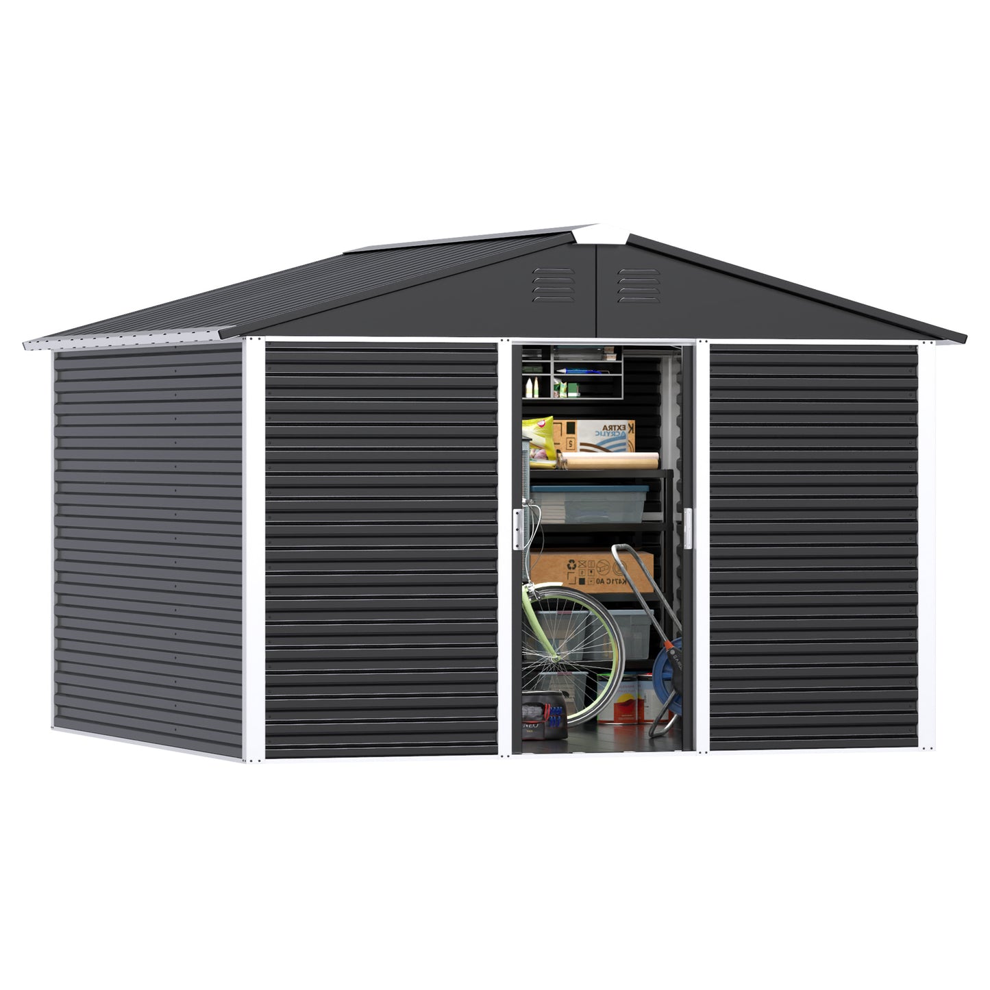 Large-sized Outdoor 10 Ft. W X 10 Ft. D Metal Shed With Sliding Door 60 Sq. Ft. For Garden Patio Lawn, Black