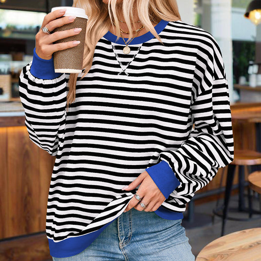 Women's Casual Crewneck Striped Long Sleeve Sweatshirt - Comfortable Loose Fit Ribbed Knit Top For Spring&Fall