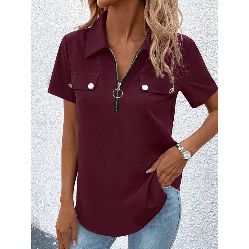 Women's Zipper Polo Shirts Short Sleeve Summer Collared Down T Shirts Top Casual Loose Fit Blouses