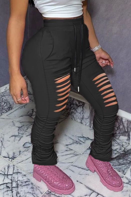 Ladies' Fashionable Casual Solid Color Autumn And Winter Perforated Pants