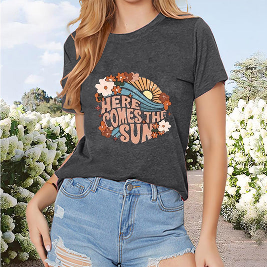 Women's Letter Floral Geometric Print Short Sleeve T-Shirt - Casual Round Neck Summer Top