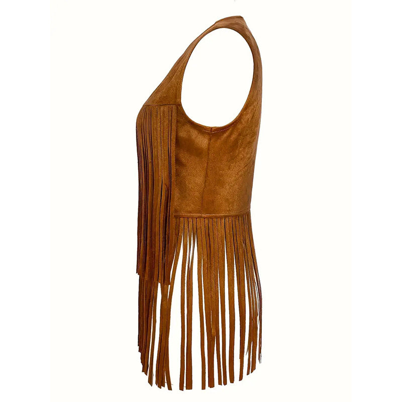 Women's Fringe Vest Sleeveless 70s Hippie Faux Suede Trim Western Cowgirl Tassel Jacket Cardigan