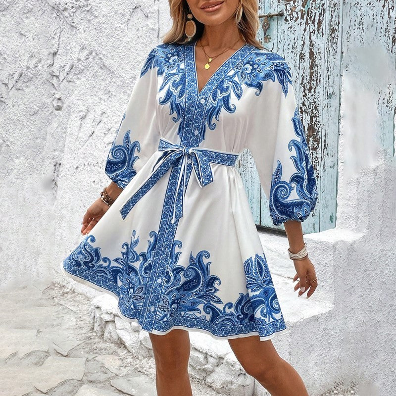 Women's Elegant V-Neck Floral Print Dress - Lantern Sleeve Wrap Waist Belted Midi Dress For Spring&Summer Vacation
