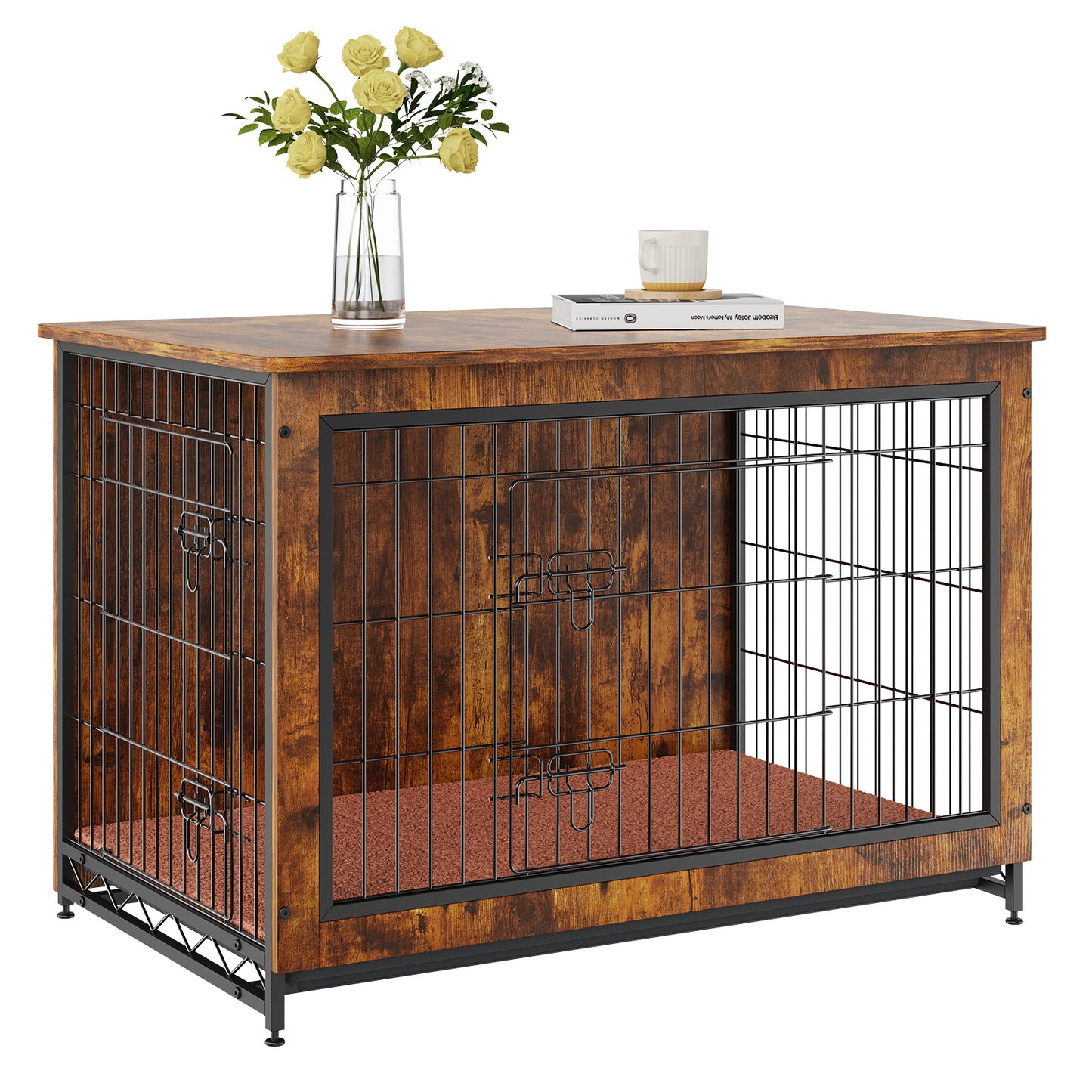 VEVOR Dog Crate Furniture, 38.6 Inch Wooden Dog Crate With Double Doors, Heavy-Duty Dog Cage End Table With Multi-Purpose Removable Tray, Modern Dog Kennel Indoor For Dogs Up To 70lb, Rustic Brown