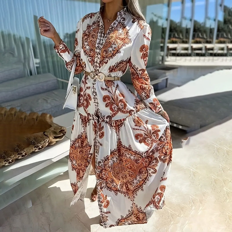 Women's Bohemian Flowy Maxi Dress - Charming V-Neck With Bell Sleeves, Bold Printed Pattern, Side Slit Design
