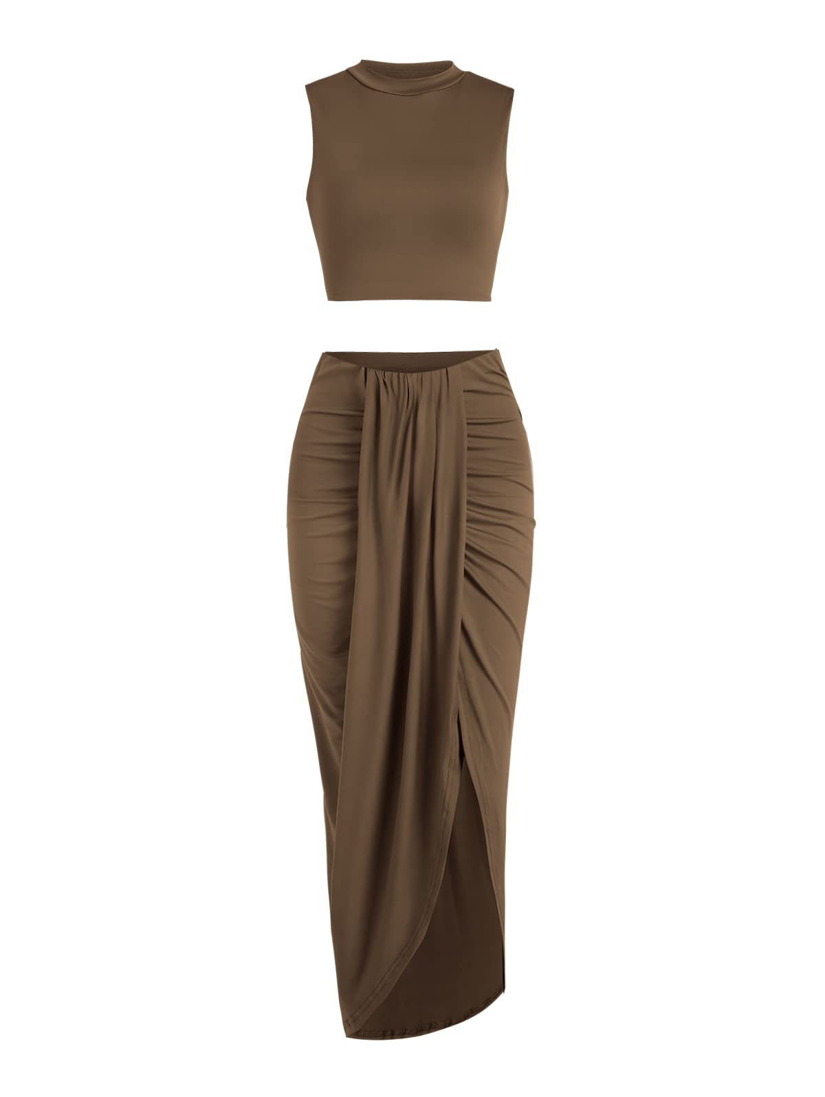 Women's Casual Sleeveless Summer Two Piece Outfits Crop Top And Side Split Draped Ruched Maxi Skirt Set Solid Suiting