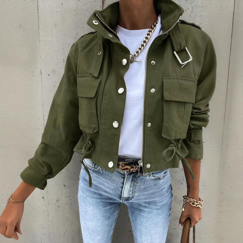 Women's Stand Collar Long Sleeve Jacket With Button & Zipper Closure - Two Large Pockets & Drawstring Hem Casual Short Jacket For Spring&Fall