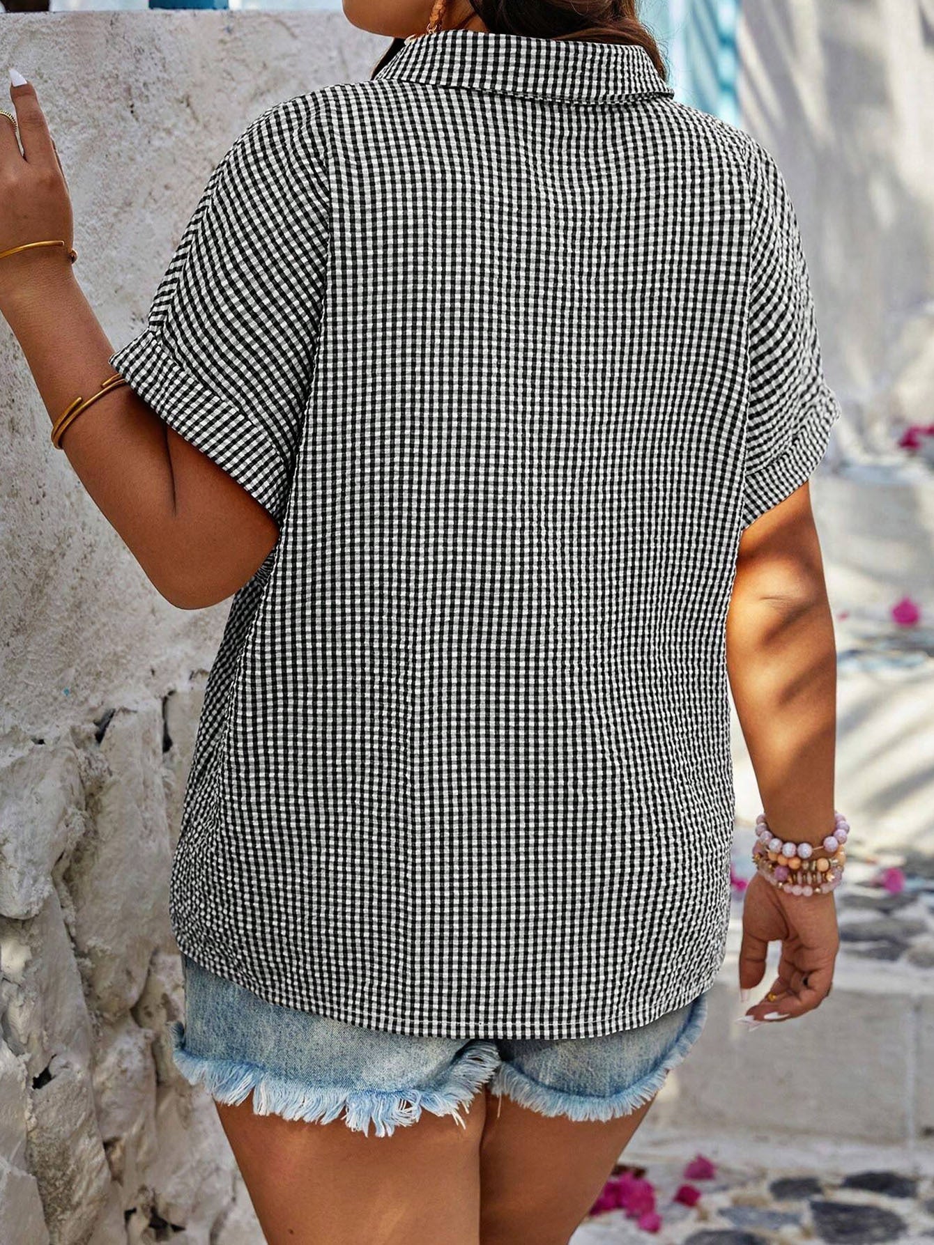 Women's Plus Size Plaid Button-Down Shirt - Summer Casual Collared Work Outdoor Top