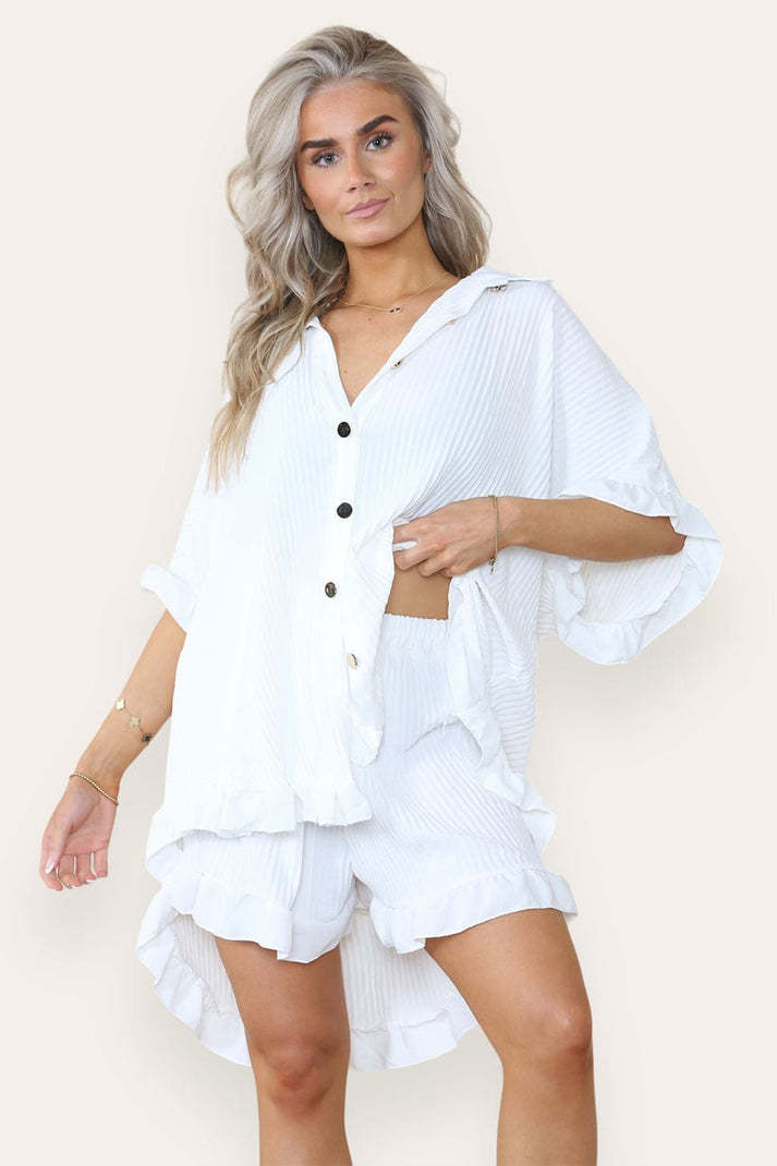 Button Pleated Frilled Ruffle Short Sleeves Shirt Top And Short Co-Ord Set