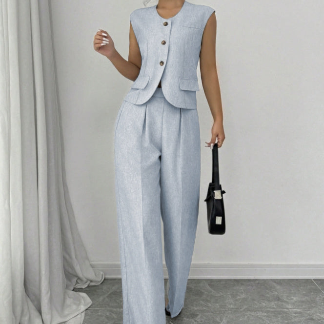 Ladies' Casual Commuting Solid Color Sleeveless Vest And Pants Set