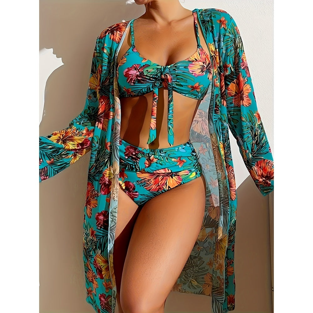 Ladies' Tankini Beach Wear Three Piece Set Sun Protection Long Sleeved Knotted Flower Print Hot Spring Swimsuit