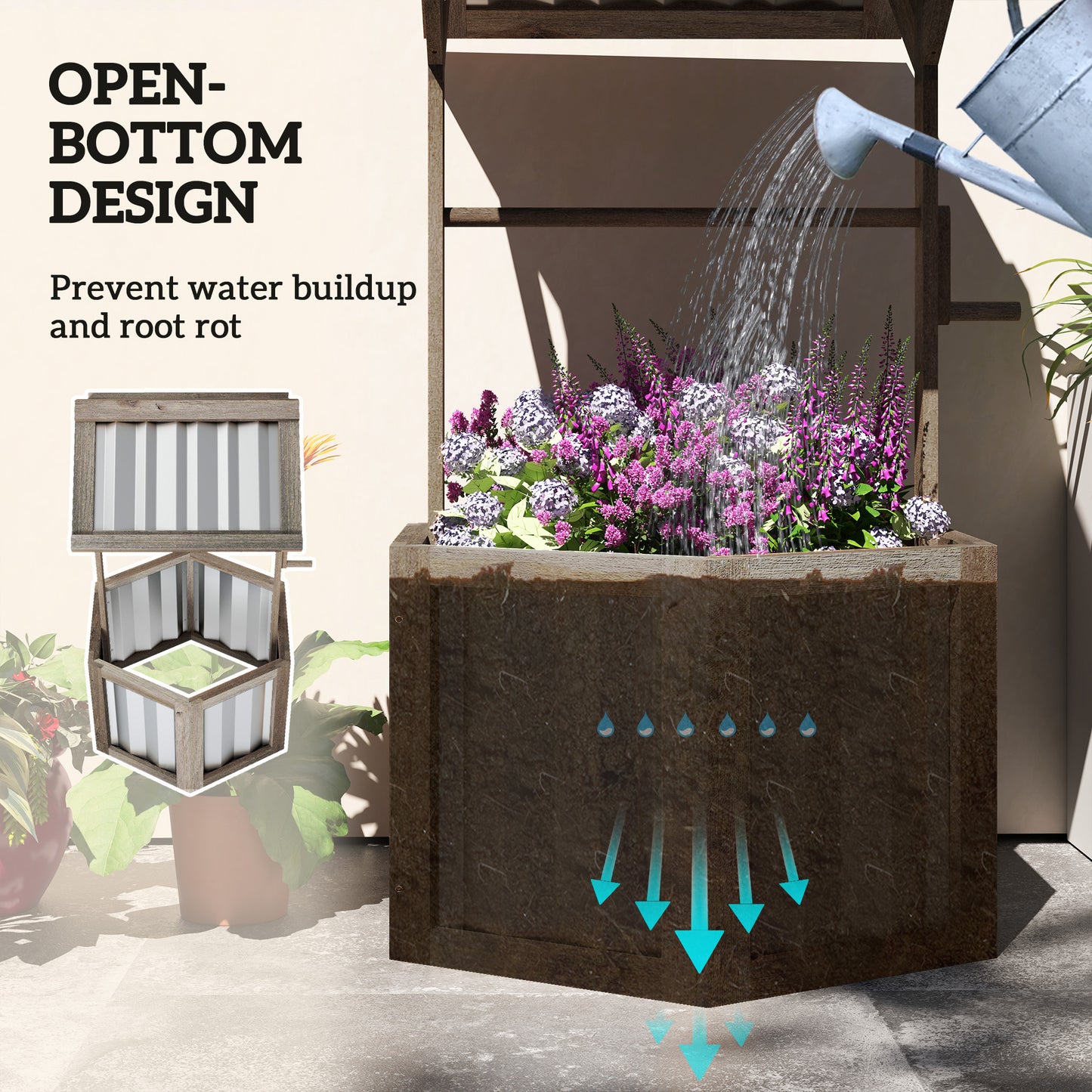 Wooden Wishing Well Planter, Raised Garden Bed With Galvanized Canopy, Hexagon Raised Flower Bed For Garden, Light Gray