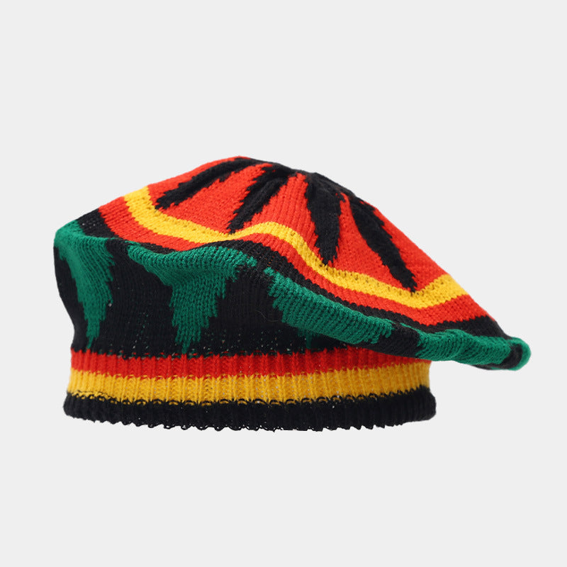 Jamaica Wig Woven Hat Women's Retro Yellow And Green Stitching Beret