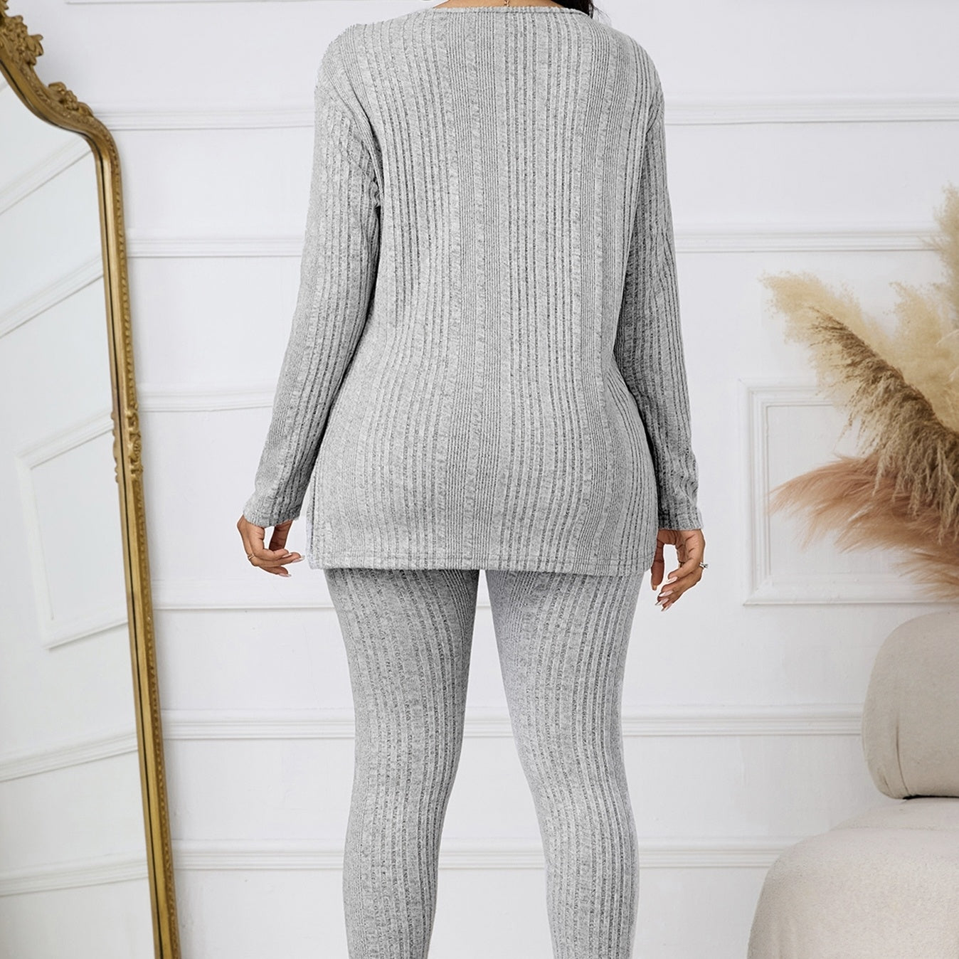 Women's Knitted V-neck Top With Split Hem Details, Versatile Two-piece Set