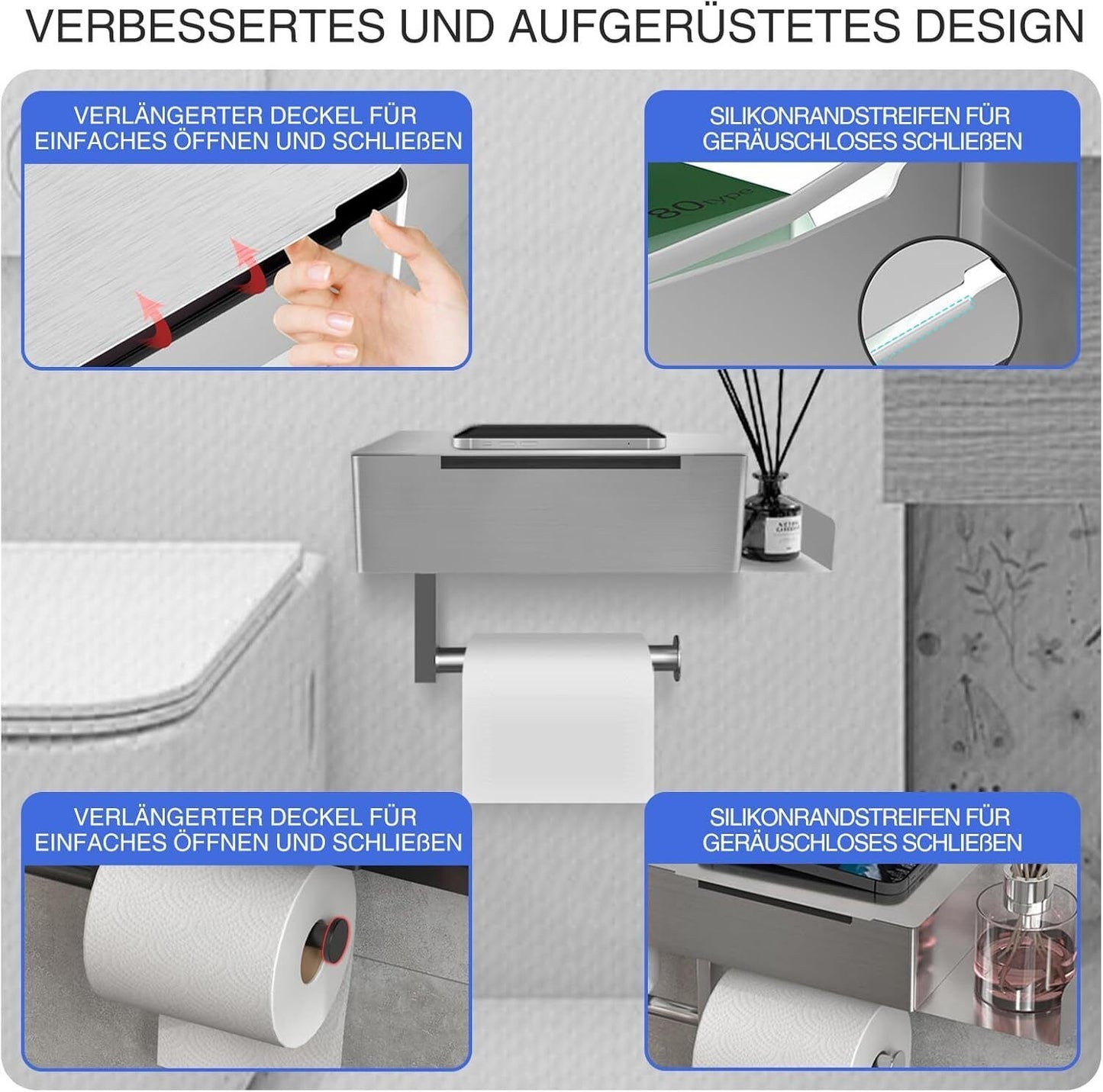 Edelstahl Toilettenpapierhalter Ohne Bohren WC Klopapierhalter Mit Ablage-Box