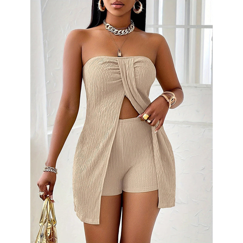 Women's 2 Piece Outfits Elegant Textured Strapless Ruched High Slit Tube Top And High Waist Skinny Shorts Shorts Set