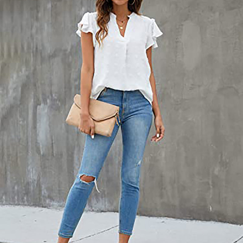 Women's Summer V Neck Ruffle Short Sleeve Blouse Business Office Casual Top Shirts