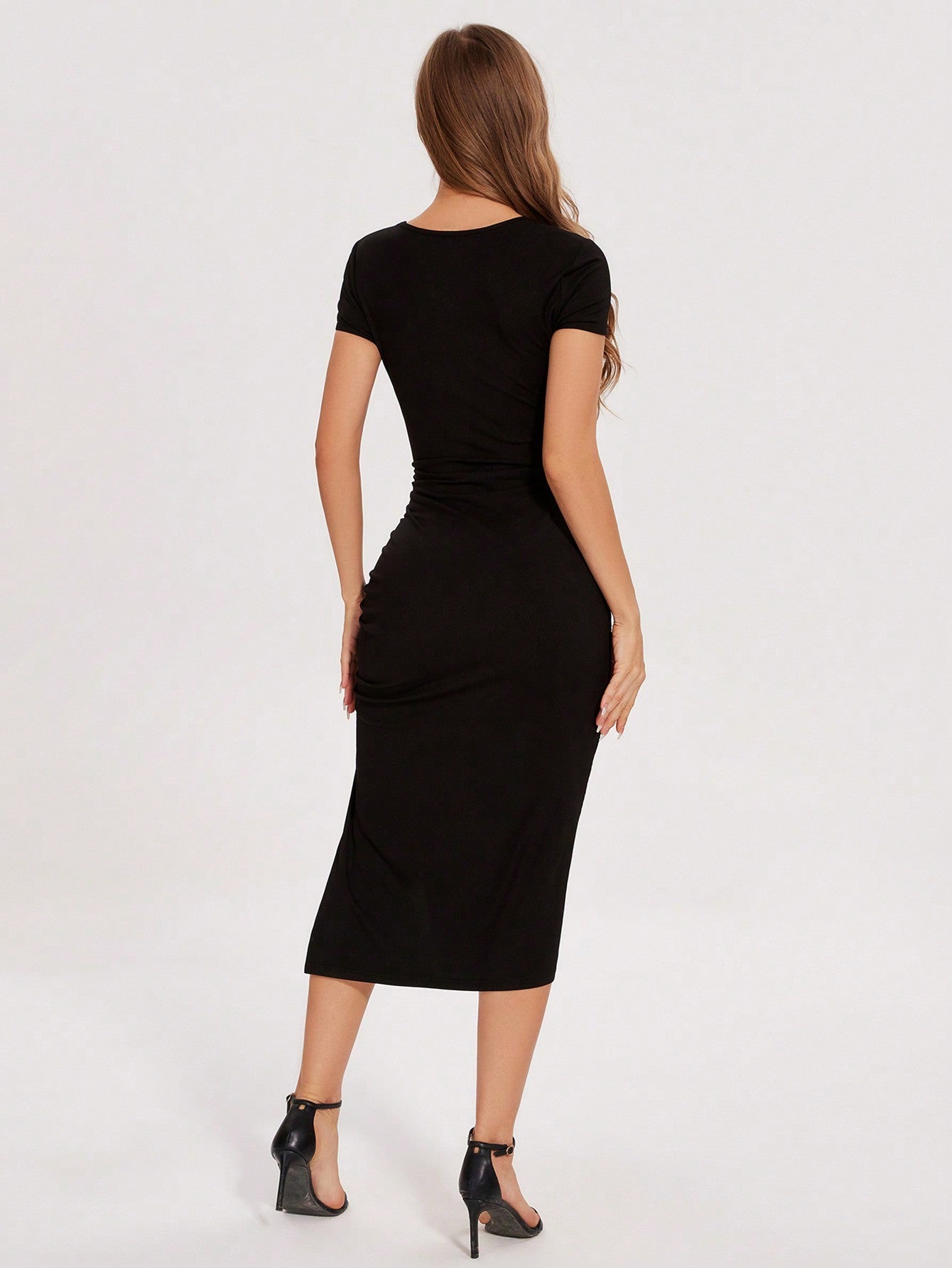 Women's Solid Color Round Neck Hollow Split To Thigh Drawstring Summer Sexy Short Sleeve Dress