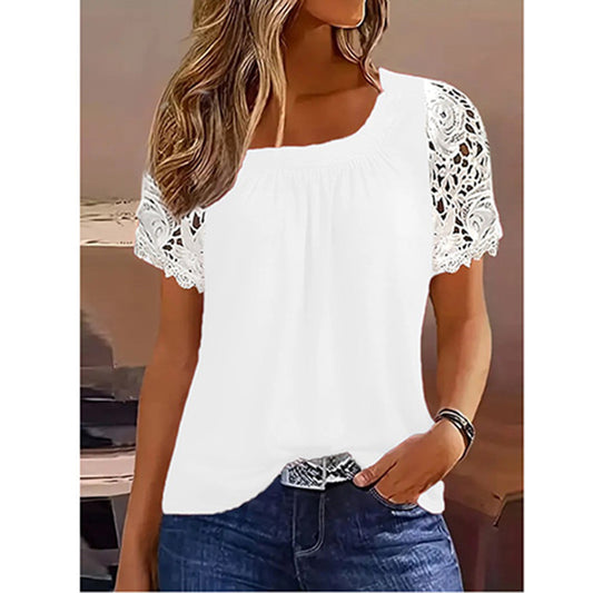 Womens Lace Short Sleeve Crew Neck T Shirts Summer Casual Tops Loose Fit Tees Blouses
