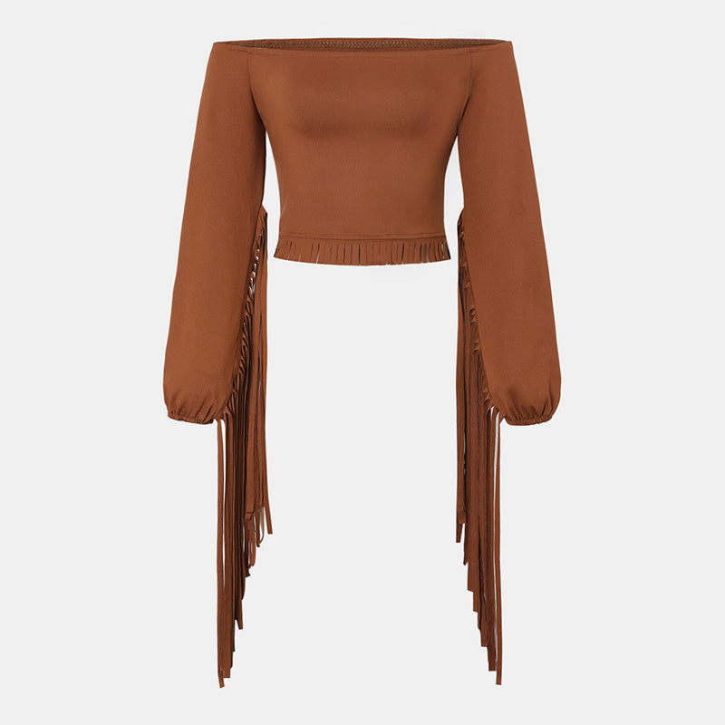Women's Solid Color Western Cowgirl Style Off-Shoulder Fringe Top - Sexy Slim Fitted Long Sleeve Tassel Blouse