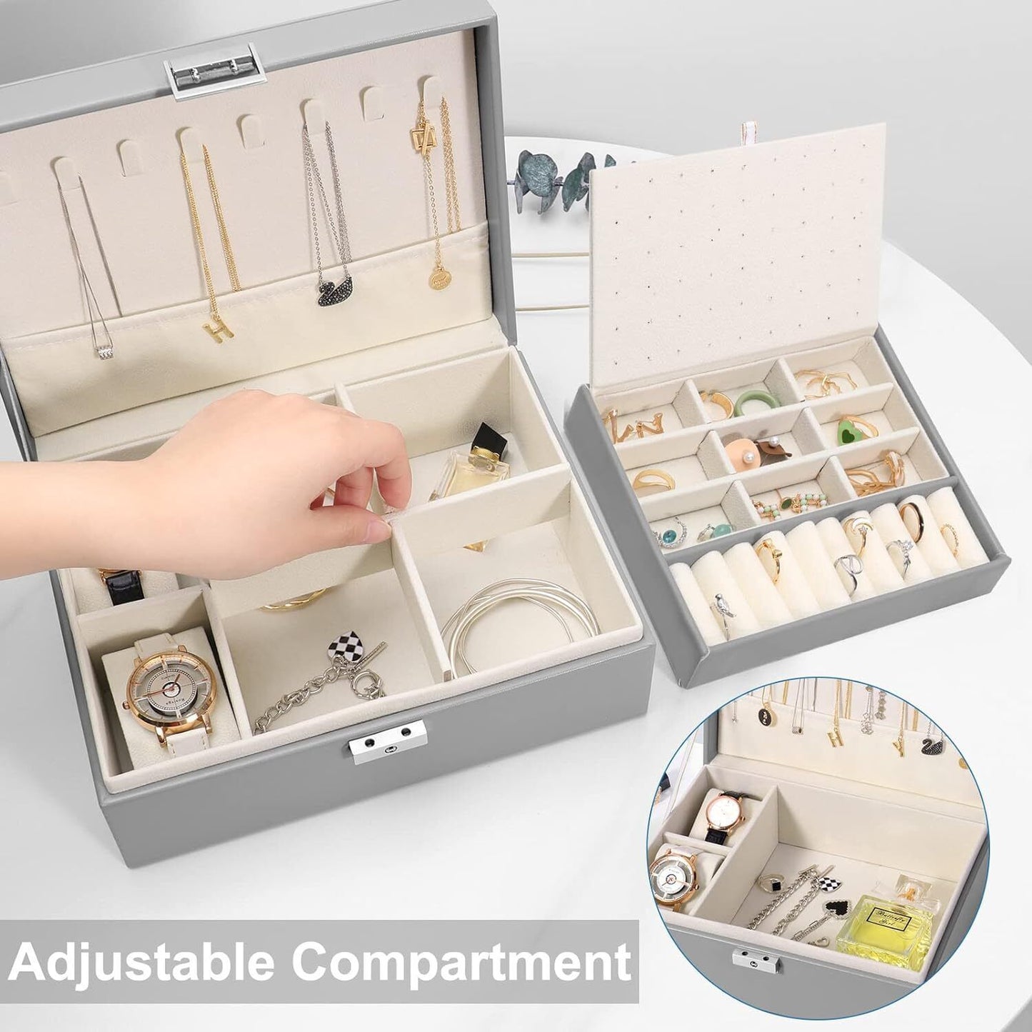 2 Layer Grey Jewellery Box Organizer Rings Necklaces Jewellry Storage Case Box