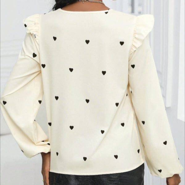 Women's V-neck Heart-shaped Printed Long Sleeved Shirt Top