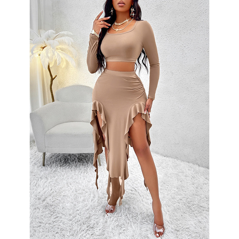 Women Summer 2 Piece Skirt Sets Long Sleeve Square Neck Crop Top Ruffle Trim Irregular Split Sexy Club Party Skirt Outfits
