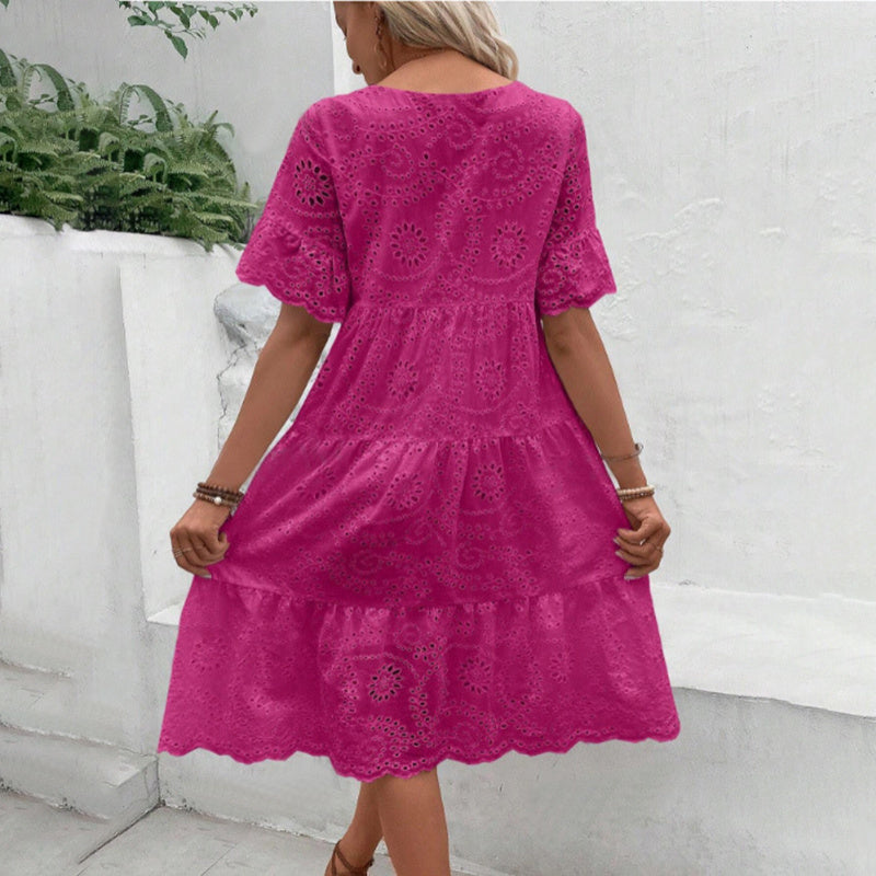Women's Round Neck Embroidered Lace Short Sleeve A-Line Elegant Summer Vacation Dress