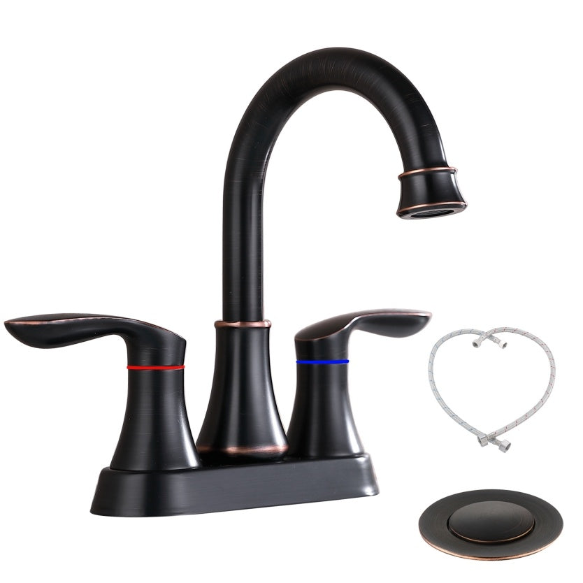2-Handle 4-Inch Oil Rubbed Bronze Bathroom Faucet, Bathroom Vanity Sink Faucets With Pop-up Drain And Supply Hoses