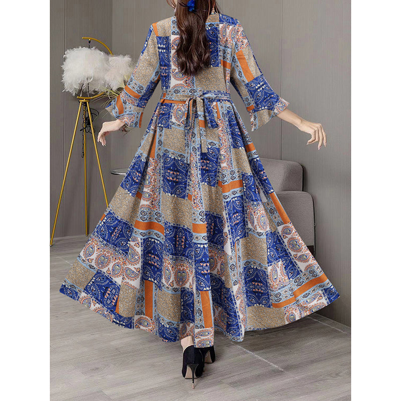 Women's Boho Maxi Dress 3 4 Sleeve V Neck Floral Embroidered Elegant A-Line Dress