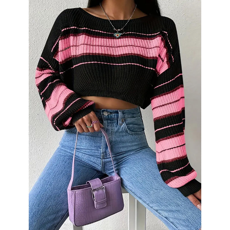 Women's Color Block Striped Sweater Crew Neck Lantern Sleeve Cropped Pullover Tops