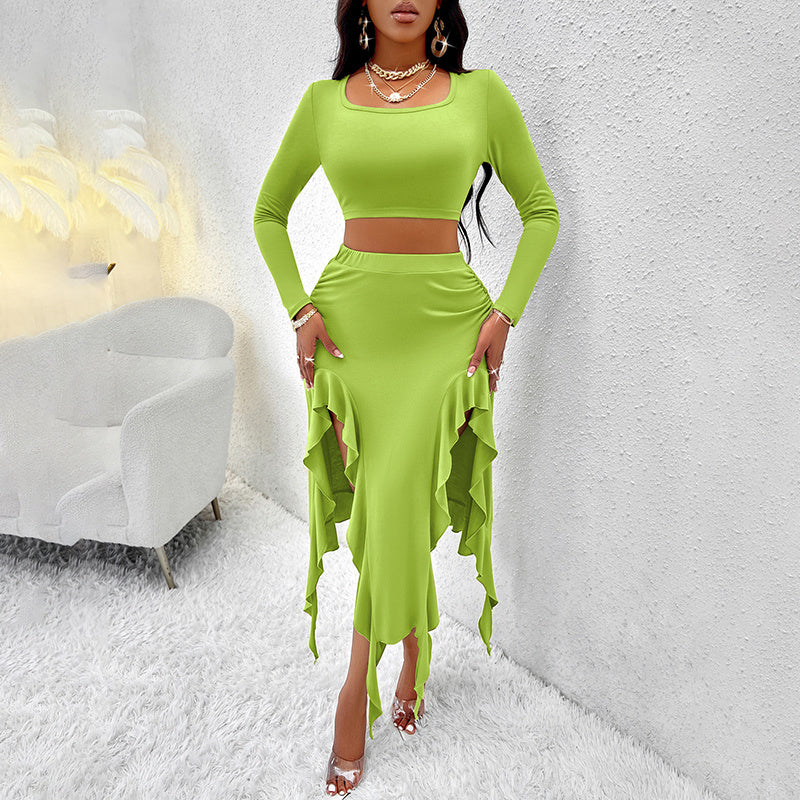 Women's Long Sleeve Round Neck Pleated Dress Suit - Solid Color Elegant Ruffle Outfit