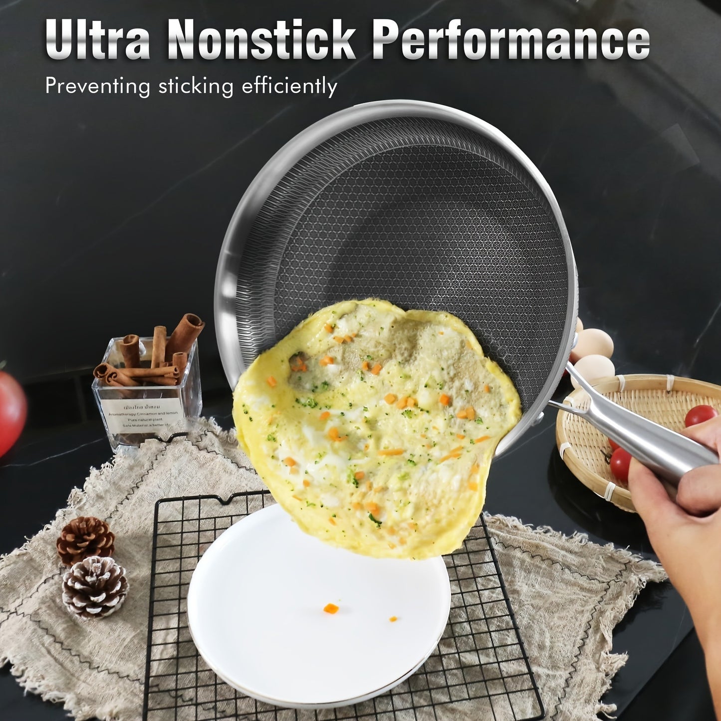 1PC Household Kitchen Honeycomb Stainless Steel Non Stick Frying Pan,Easy To Clean, Suitable For Frying Steak, Fish, And Eggs,Suitable For All Stoves