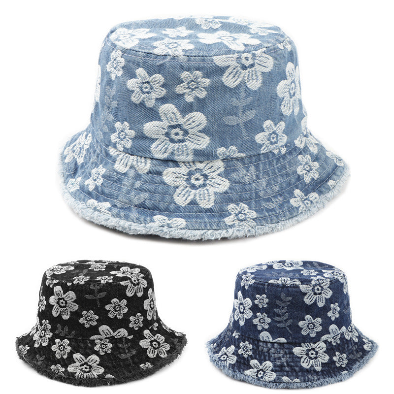 Flower Embroidered Denim Bucket Hat Korean Washed-out Distressed