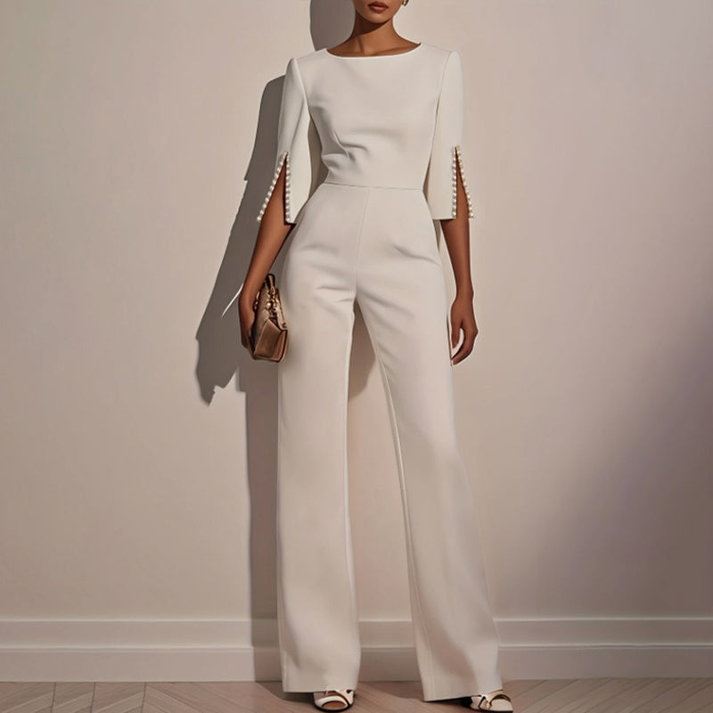 Women's Elegant Round Neck Jumpsuit - Mid-Sleeve With Side Slit Cuffs & Pearl Accents, Back Zipper Design For Casual To Formal Events