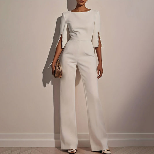 Women's Elegant Round Neck Jumpsuit - Mid-Sleeve With Side Slit Cuffs & Pearl Accents, Back Zipper Design For Casual To Formal Events