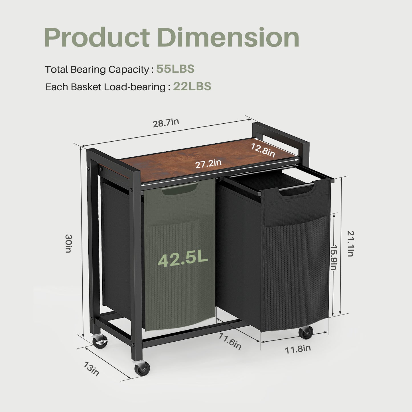 Laundry Hamper With 3 Pull-Out Removable Laundry Bags Clothing Sorter With Shelf And Wheels Adjustable Feet, 3 X 8.6 Gallons